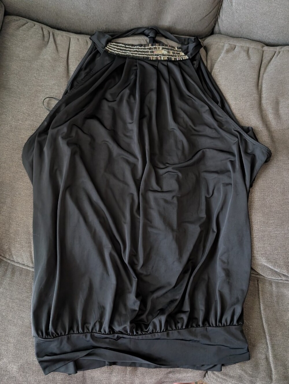 Black Halter Tank Top with Beaded Neckline - Women